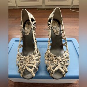 Highlights Snake-Print Caged Wedge Sandals — Size 7.5